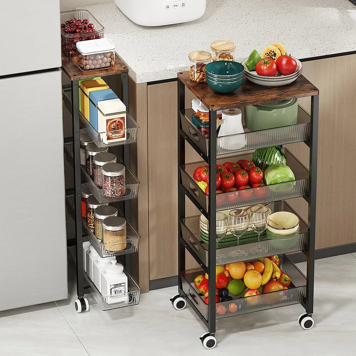 34.5 x 27.7 x 80cm Size L Kitchen Gap Storage Rack Multi Layer Rolling Cart with Wheels / Four Drawers - Black + Coffee - 2