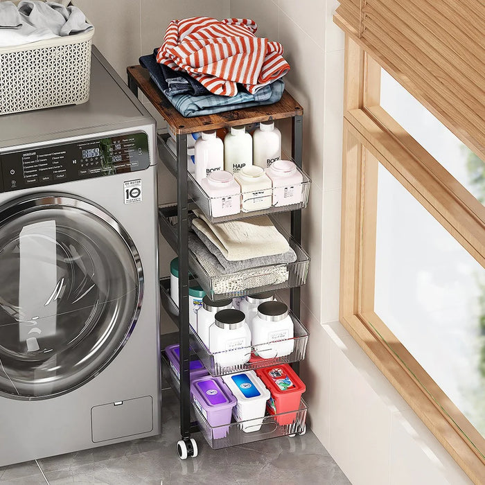 34.5 x 27.7 x 80cm Size L Kitchen Gap Storage Rack Multi Layer Rolling Cart with Wheels / Four Drawers - Black + Coffee - 3