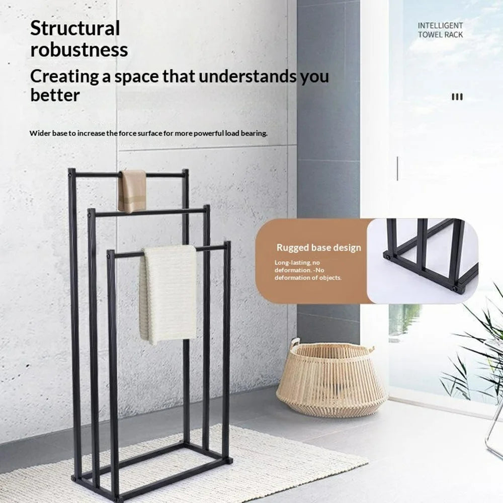 3 Tier Floor Standing Towel Rack Bathroom Freestanding Carbon Steel Anti Rust Towel Holder Organizer - Black - 2