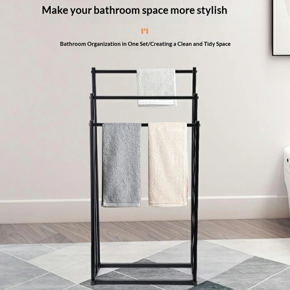 3 Tier Floor Standing Towel Rack Bathroom Freestanding Carbon Steel Anti Rust Towel Holder Organizer - Black - 3