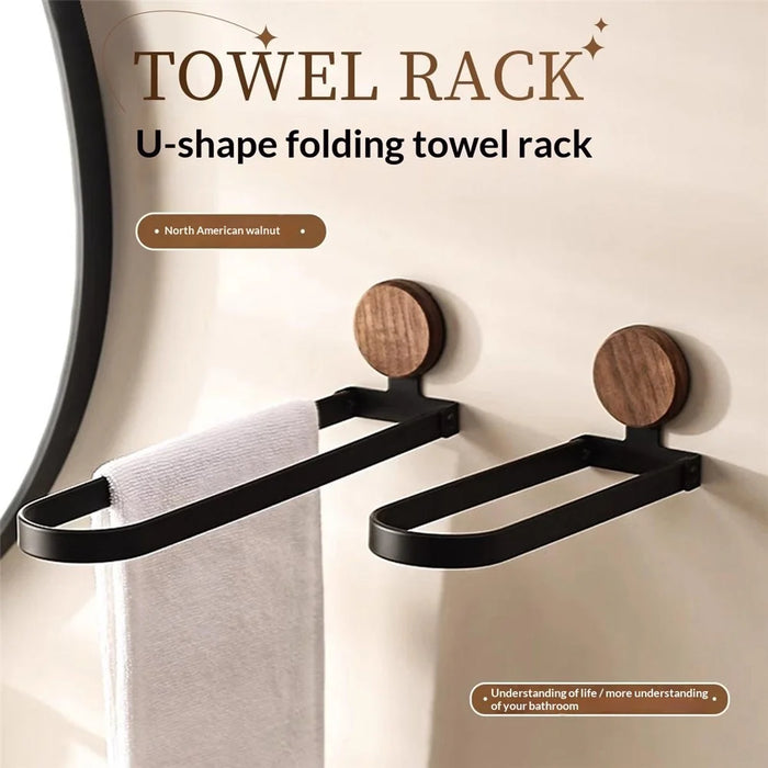 32cm Bathroom Towel Rack Wall Mount Adhesive Foldable Towel Holder Stainless Steel Frame Shelf - Black - 2
