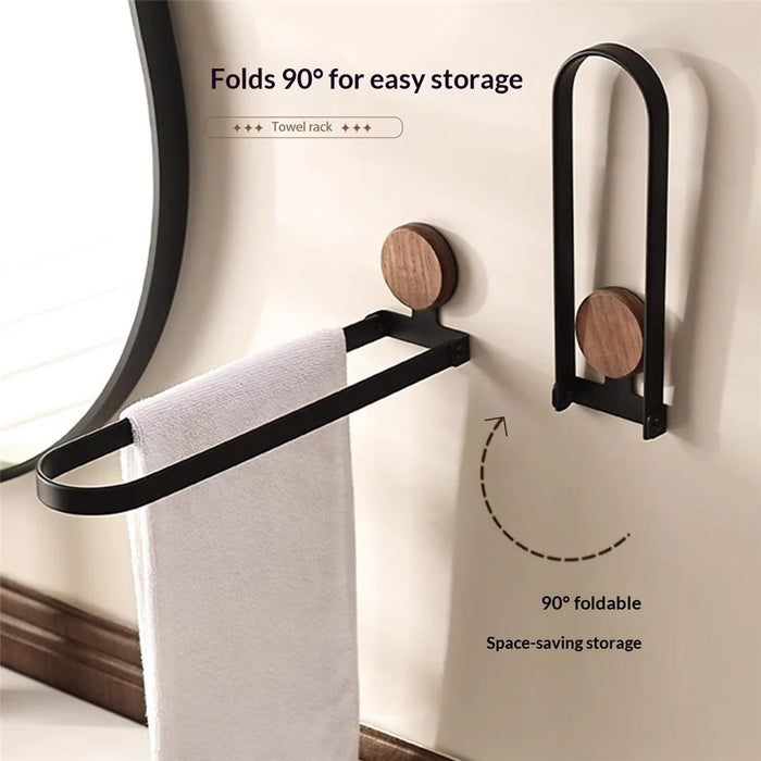 32cm Bathroom Towel Rack Wall Mount Adhesive Foldable Towel Holder Stainless Steel Frame Shelf - Black - 3