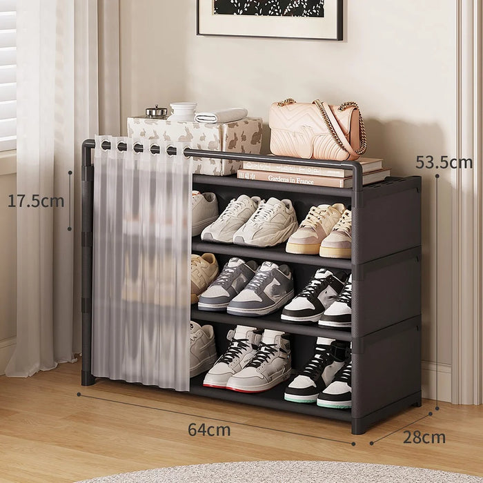 64cm 4 Tier Shoe Rack Multi Layer Shoes Storage Shelf Home Organizer with Door Curtain - Black - 1