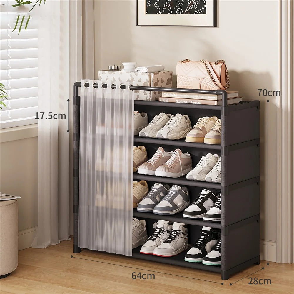 64cm 5 Tier Shoe Rack Multi Layer Shoes Storage Shelf Home Organizer with Door Curtain - Black - 1