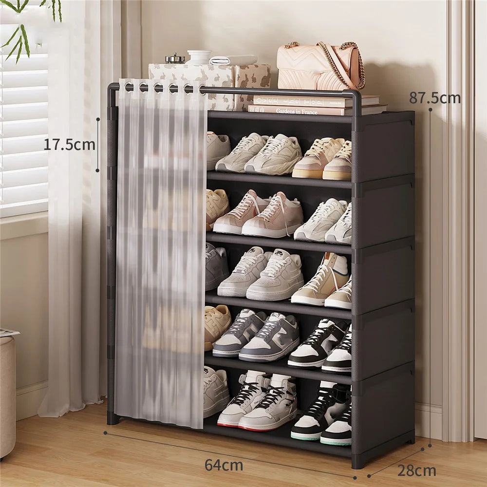 64cm 6 Tier Shoe Rack Multi Layer Shoes Storage Shelf Home Organizer with Door Curtain - Black - 1