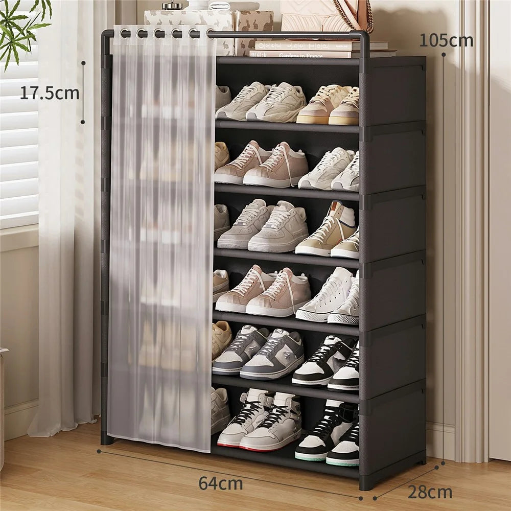 7 Tier 64cm Length Shoe Rack with Dust Proof Cover Door Curtain Multi Layer Storage Cabinet - Black - 1
