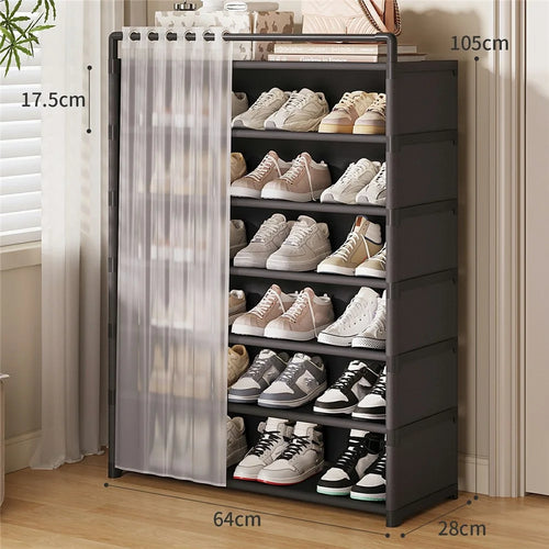 7 Tier 64cm Length Shoe Rack with Dust Proof Cover Door Curtain Multi Layer Storage Cabinet - Black - 1