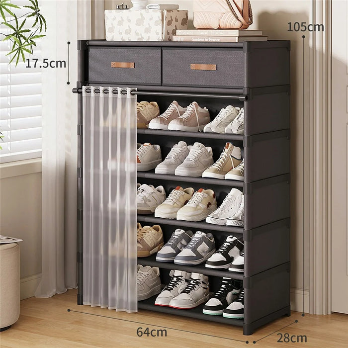 7 Tier Shoe Rack with Drawers 64cm Entryway Storage Cabinet with Dust Cover Curtain Multi Layer Organizer - Black - 1