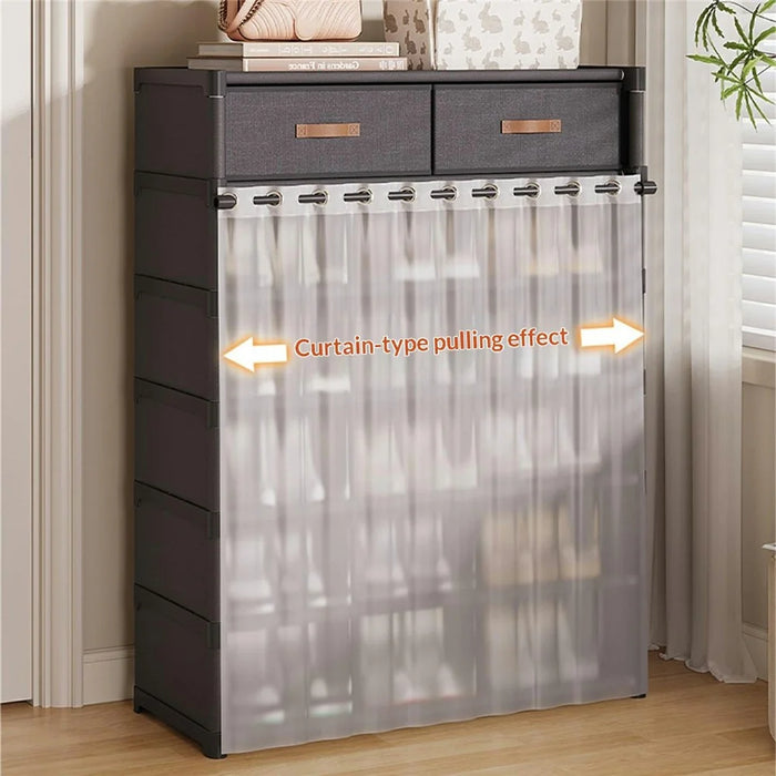 7 Tier Shoe Rack with Drawers 64cm Entryway Storage Cabinet with Dust Cover Curtain Multi Layer Organizer - Black - 2