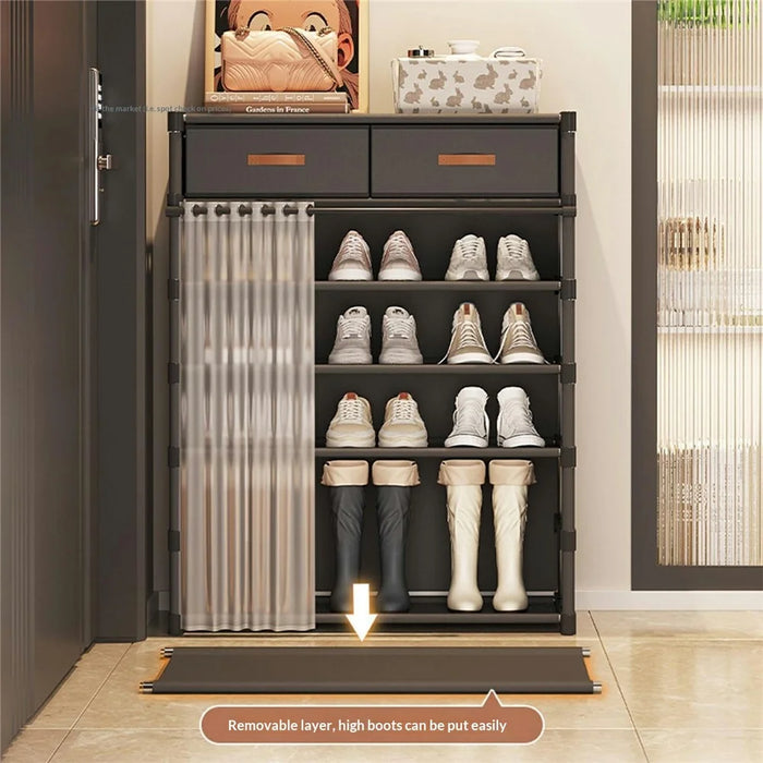 7 Tier Shoe Rack with Drawers 64cm Entryway Storage Cabinet with Dust Cover Curtain Multi Layer Organizer - Black - 6