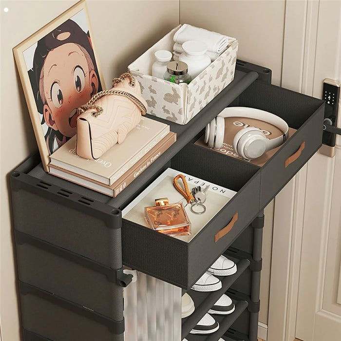 7 Tier Shoe Rack with Drawers 64cm Entryway Storage Cabinet with Dust Cover Curtain Multi Layer Organizer - Black - 7