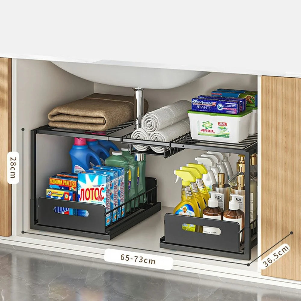 Under Sink Storage Rack Double Layer Adjustable Width Kitchen Cabinet Organizer with Pull-Out Drawers - Single Basket / Black - 1