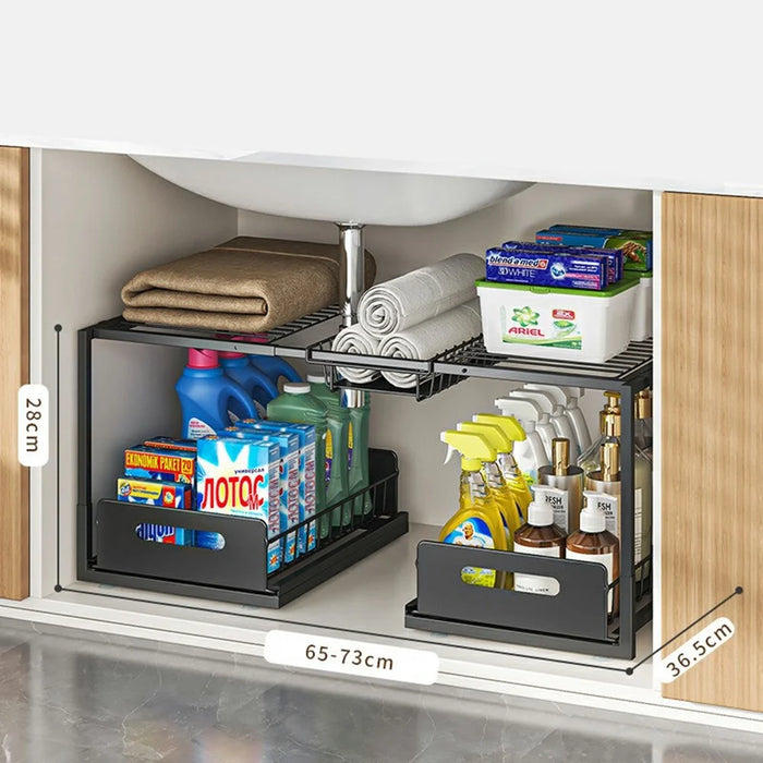 Under Sink Storage Rack Double Layer Adjustable Width Kitchen Cabinet Organizer with Pull-Out Drawers - Single Basket / Black - 1