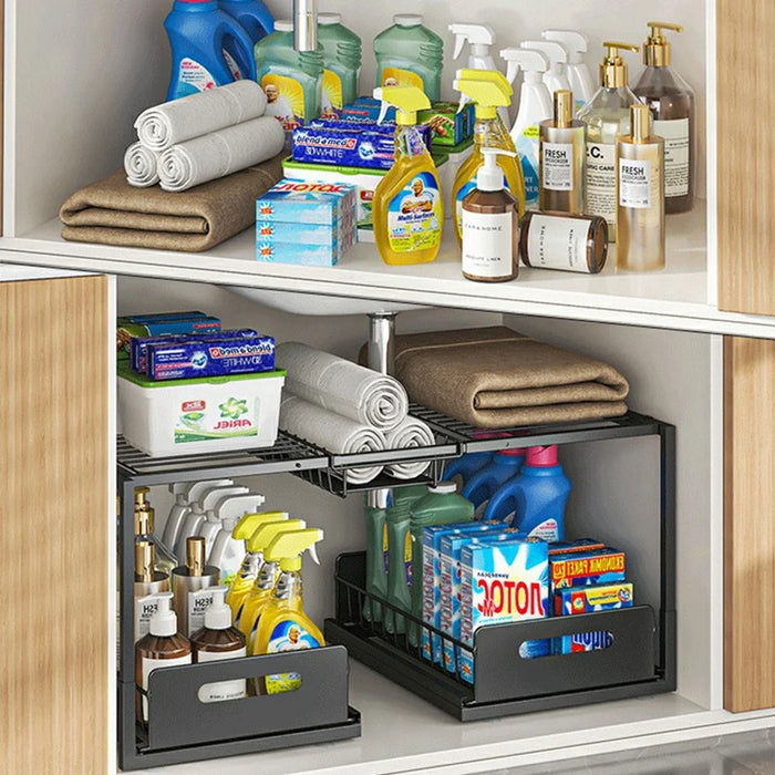 Under Sink Storage Rack Double Layer Adjustable Width Kitchen Cabinet Organizer with Pull-Out Drawers - Single Basket / Black - 2