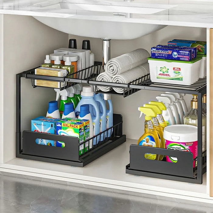 Under Sink Storage Rack Double Layer Adjustable Width Kitchen Cabinet Organizer with Pull-Out Drawers - Single Basket / Black - 5