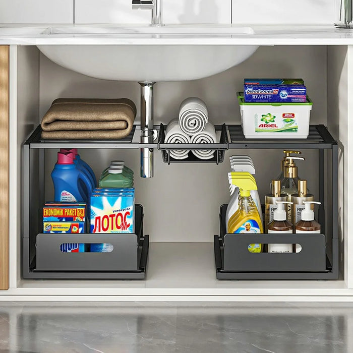 Under Sink Storage Rack Double Layer Adjustable Width Kitchen Cabinet Organizer with Pull-Out Drawers - Single Basket / Black - 6