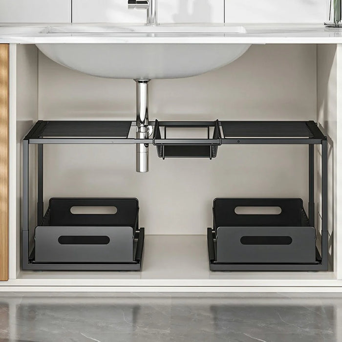 Under Sink Storage Rack Double Layer Adjustable Width Kitchen Cabinet Organizer with Pull-Out Drawers - Single Basket / Black - 7