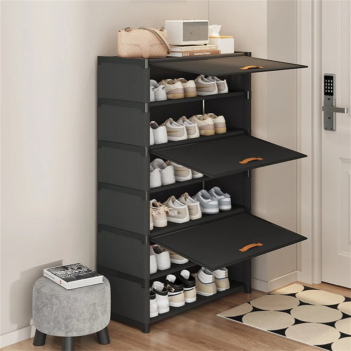 7 Tier 64cm Shoe Rack Stackable Storage Organizer with Flip Lid Magnetic Closure Dustproof Shoe Cabinet - Black - 6