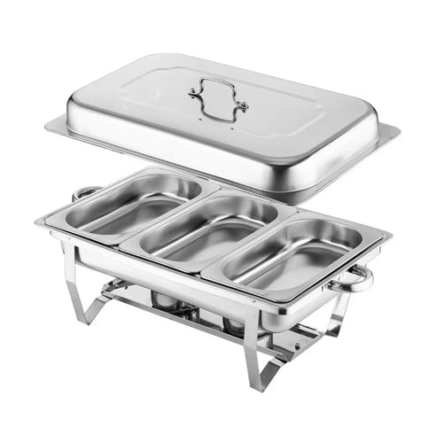 Stainless Steel Catering Chafer Chafing Dish with 3 Pan and Lid Alcohol Heated Food Server Warmer - Silver - 1