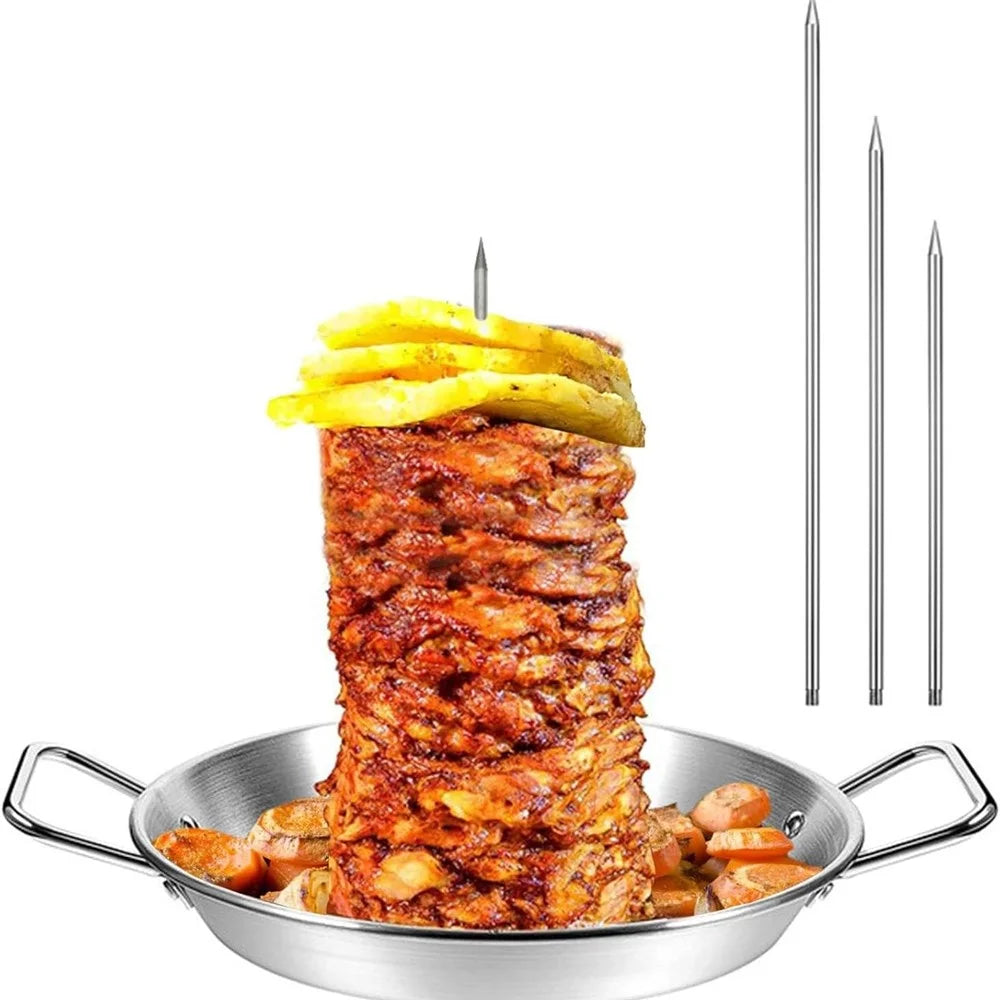 Al Pastor Skewer Set 9 x 1.5 inch Stainless Steel Vertical BBQ Grilling Pan for Grill with 3 Removable Skewer - Silver - 2