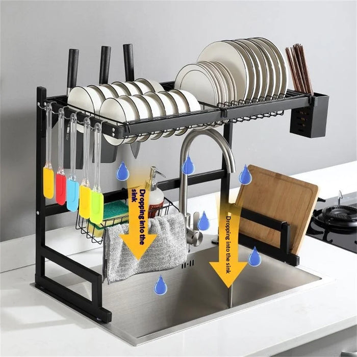 85cm Kitchen Sink Dish Drying Rack Stainless Steel Over Sink Storage Organizer Shelf - Black - 2