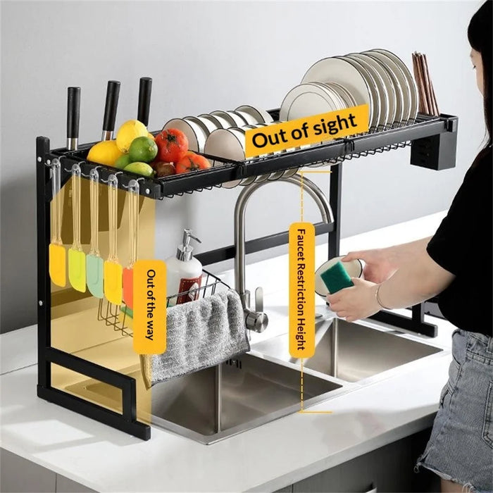 85cm Kitchen Sink Dish Drying Rack Stainless Steel Over Sink Storage Organizer Shelf - Black - 3