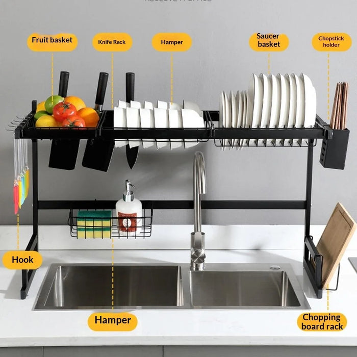 85cm Kitchen Sink Dish Drying Rack Stainless Steel Over Sink Storage Organizer Shelf - Black - 4