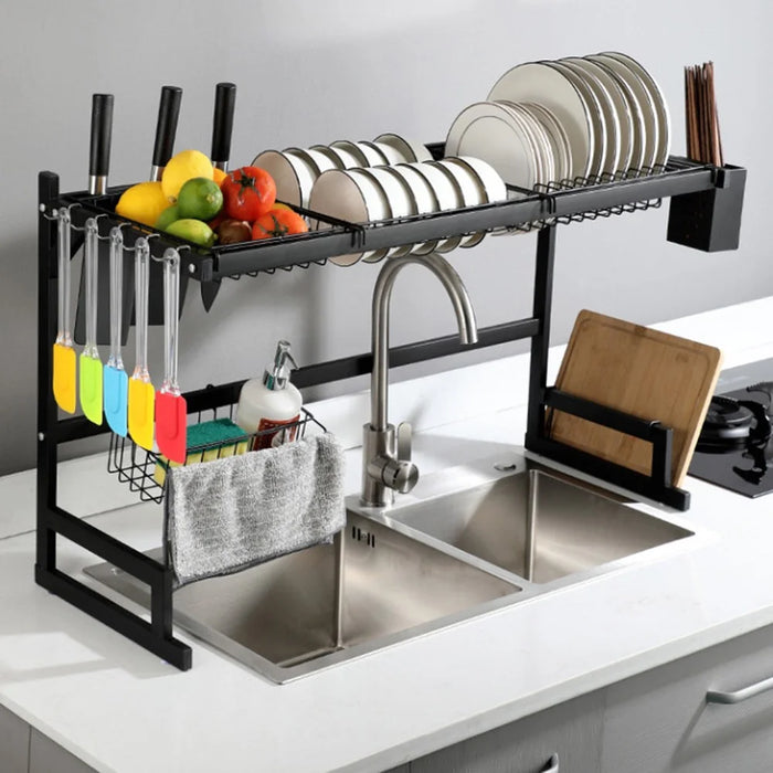 85cm Kitchen Sink Dish Drying Rack Stainless Steel Over Sink Storage Organizer Shelf - Black - 5