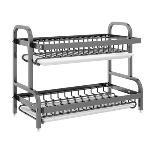 53cm 2-Tier Kitchen Dish Drying Rack Stainless Steel Drainer Organizer with Drip Tray - Black - 1