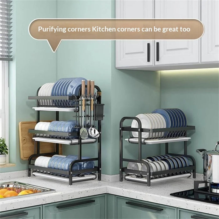 53cm 2-Tier Kitchen Dish Drying Rack Stainless Steel Drainer Organizer with Drip Tray - Black - 3