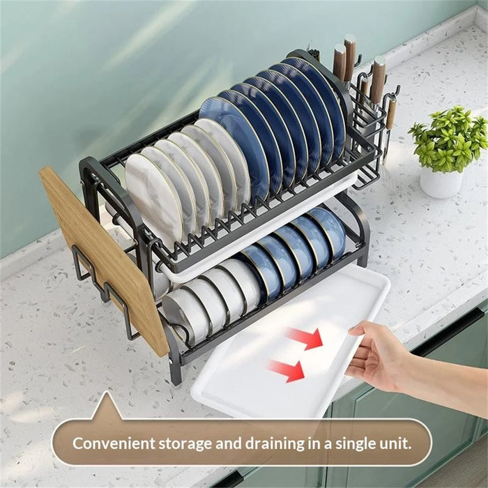 53cm 2-Tier Kitchen Dish Drying Rack Stainless Steel Drainer Organizer with Drip Tray - Black - 4
