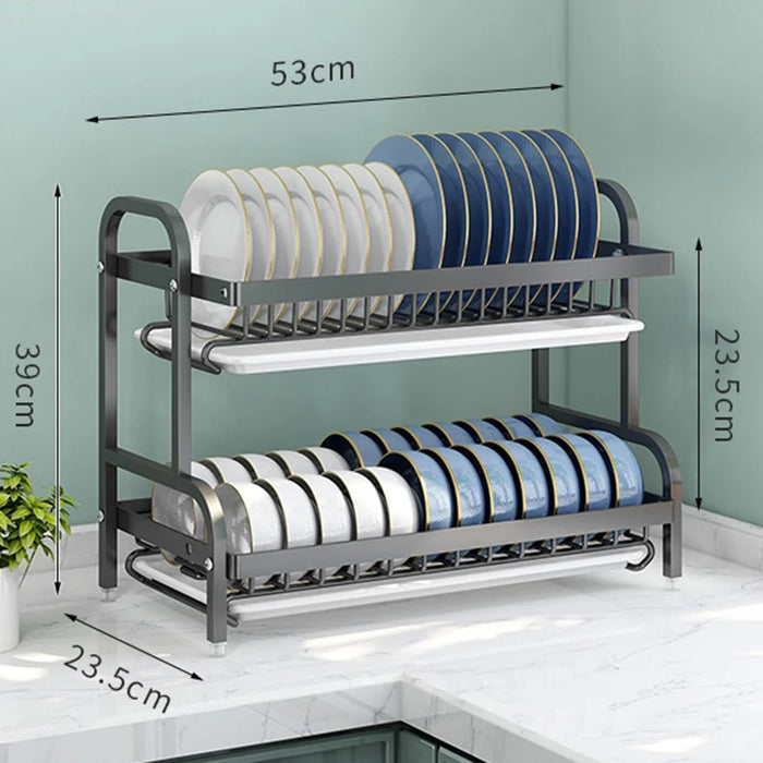 53cm 2-Tier Kitchen Dish Drying Rack Stainless Steel Drainer Organizer with Drip Tray - Black - 5