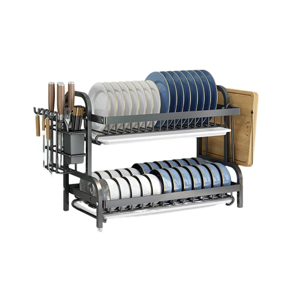53cm Kitchen Dish Drying Rack 2 Tier Stainless Steel Drainer with Cutlery Cutting Board Holder - Black - 1