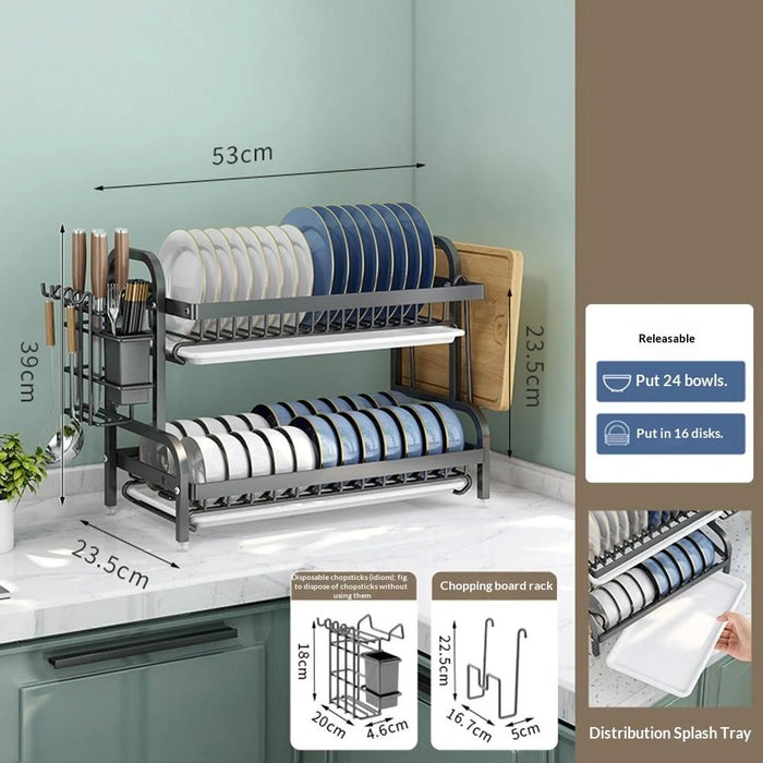 53cm Kitchen Dish Drying Rack 2 Tier Stainless Steel Drainer with Cutlery Cutting Board Holder - Black - 3