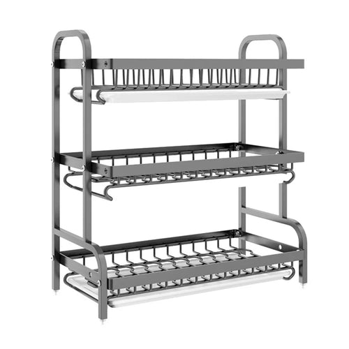 53cm 3 Tier Kitchen Dish Drying Rack Stainless Steel Drainer Shelf with Drip Tray - Black - 1