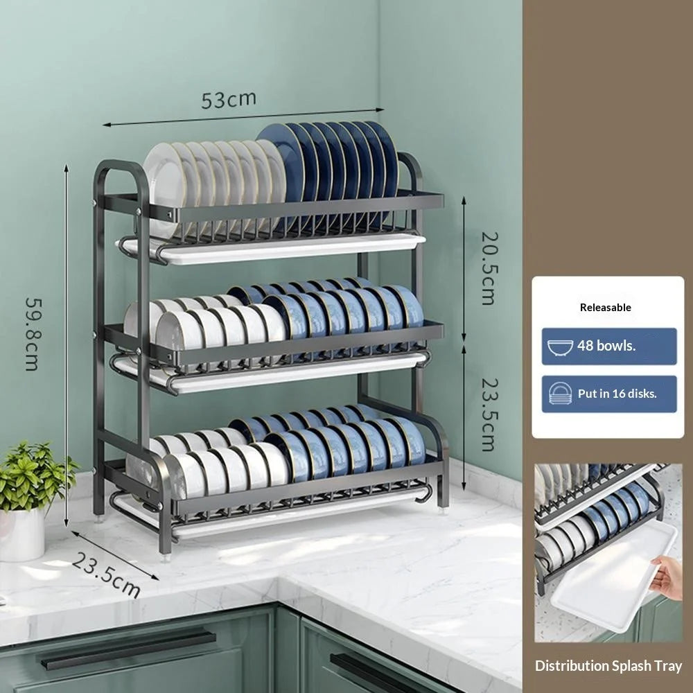 53cm 3 Tier Kitchen Dish Drying Rack Stainless Steel Drainer Shelf with Drip Tray - Black - 2