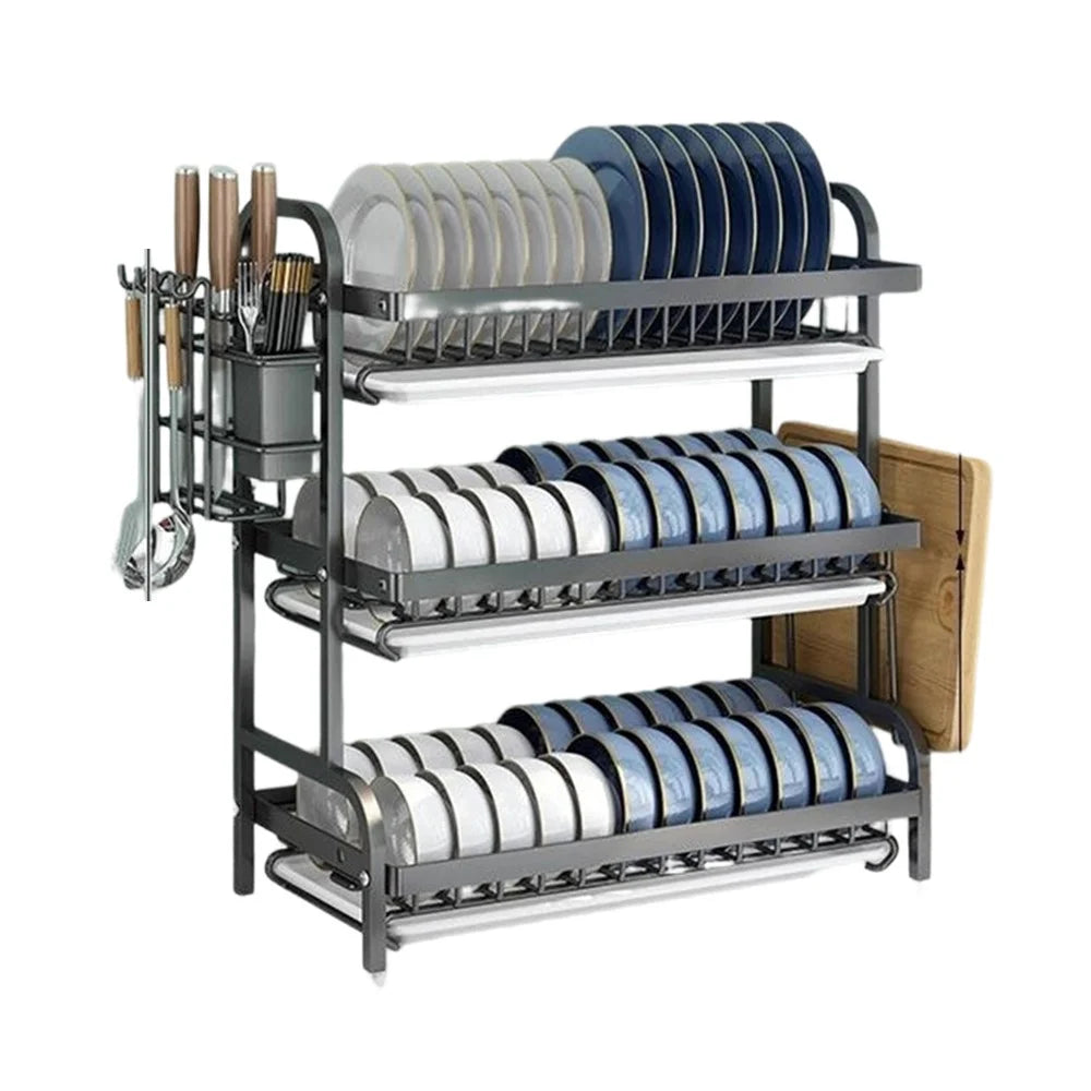 53cm 3 Tier Kitchen Dish Drying Rack Stainless Steel Drainer Shelf with Cutlery Holder Chopping Board Rack - Black - 1