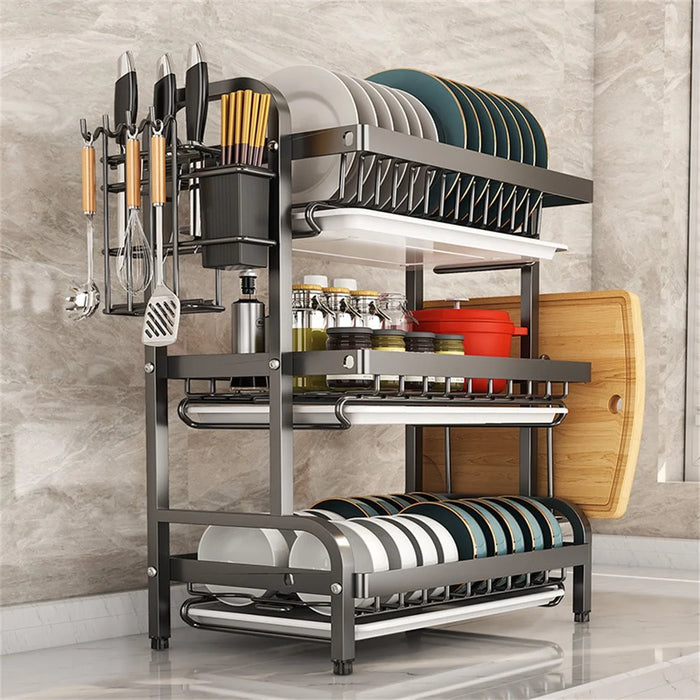 53cm 3 Tier Kitchen Dish Drying Rack Stainless Steel Drainer Shelf with Cutlery Holder Chopping Board Rack - Black - 2