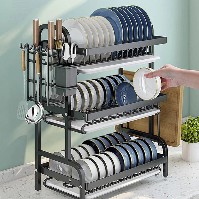 53cm 3 Tier Kitchen Dish Drying Rack Stainless Steel Drainer Shelf with Cutlery Holder Chopping Board Rack - Black - 4