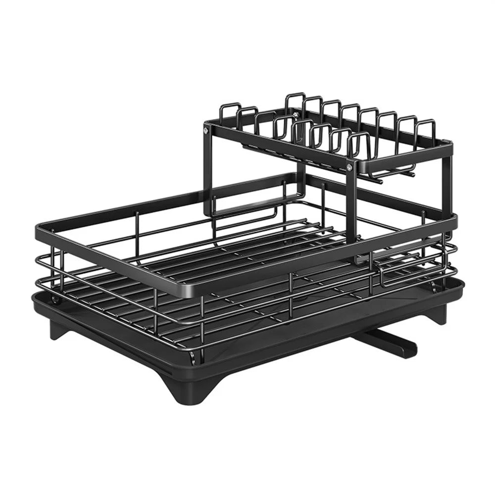 2 Tier Carbon Steel Dish Drying Rack Adjustable Kitchen Plates Holder Organizer with Drainboard - Black - 1