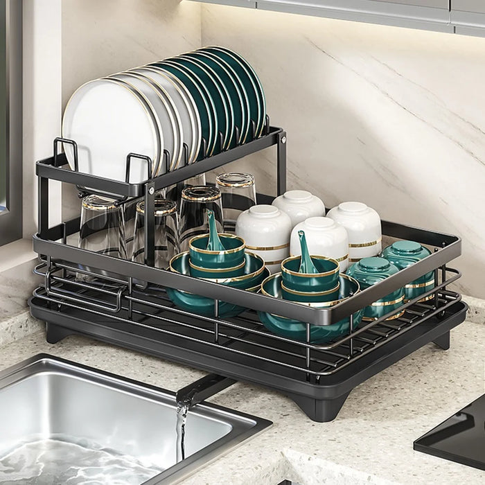 2 Tier Carbon Steel Dish Drying Rack Adjustable Kitchen Plates Holder Organizer with Drainboard - Black - 2