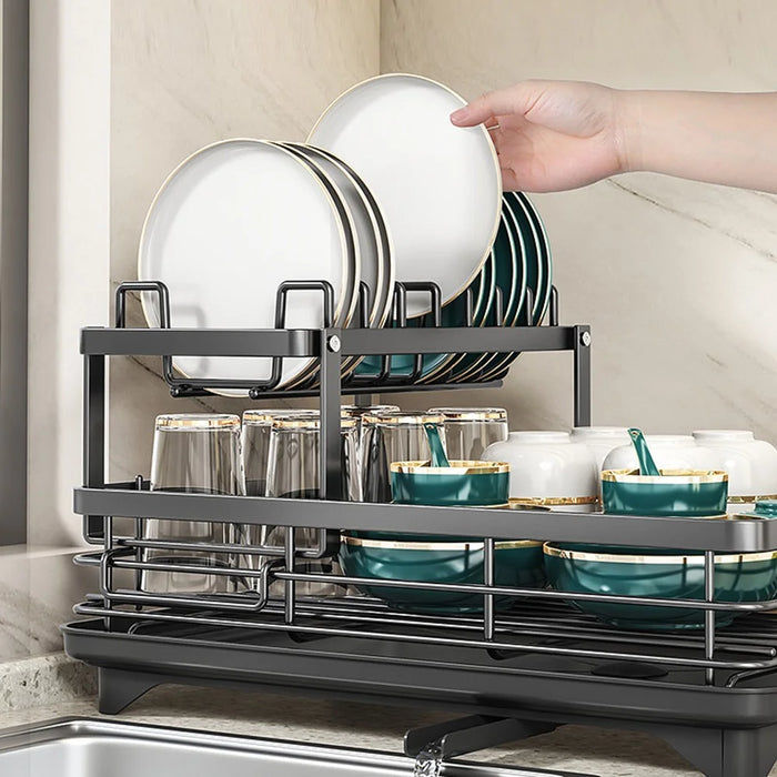 2 Tier Carbon Steel Dish Drying Rack Adjustable Kitchen Plates Holder Organizer with Drainboard - Black - 3