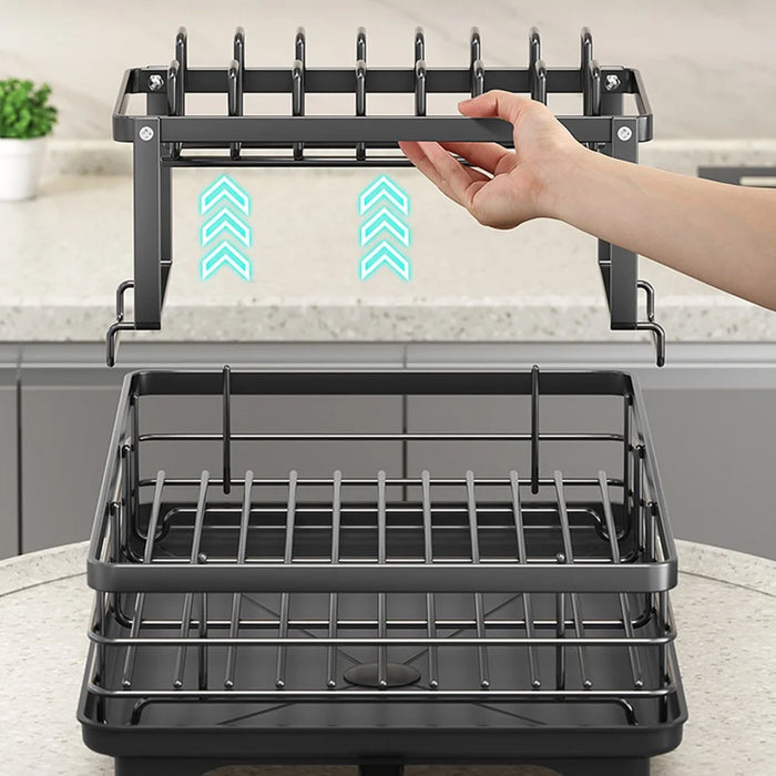 2 Tier Carbon Steel Dish Drying Rack Adjustable Kitchen Plates Holder Organizer with Drainboard - Black - 4