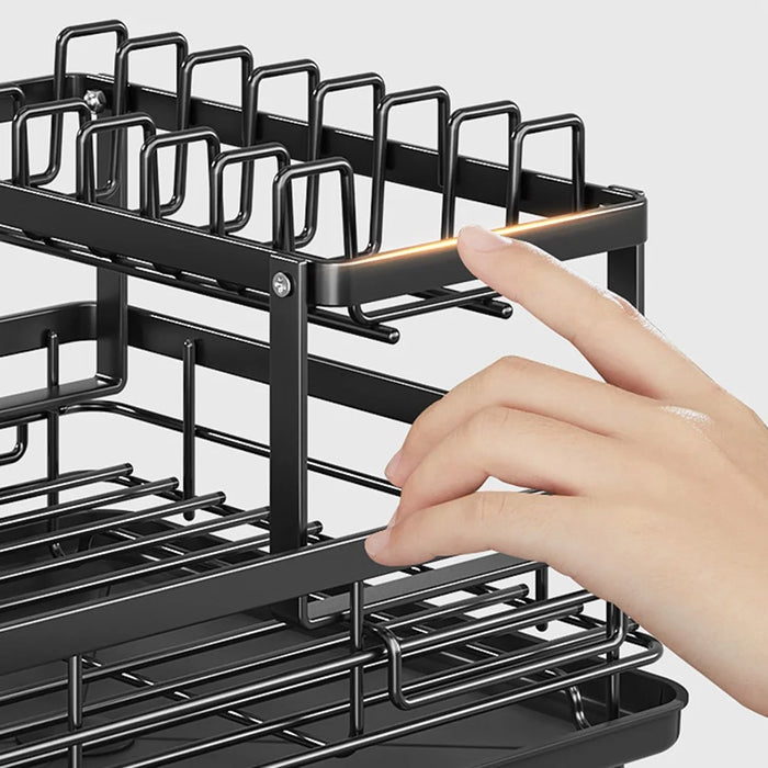2 Tier Carbon Steel Dish Drying Rack Adjustable Kitchen Plates Holder Organizer with Drainboard - Black - 6