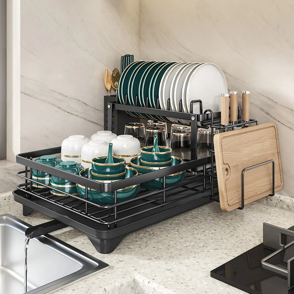 2 Tier Carbon Steel Dish Drying Rack Kitchen Plates Organizer with Drainboard Cutting Board Rack Cutlery Holder - Black - 1