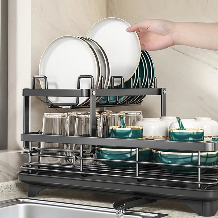 2 Tier Carbon Steel Dish Drying Rack Kitchen Plates Organizer with Drainboard Cutting Board Rack Cutlery Holder - Black - 2