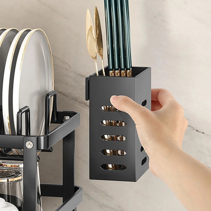 2 Tier Carbon Steel Dish Drying Rack Kitchen Plates Organizer with Drainboard Cutting Board Rack Cutlery Holder - Black - 3
