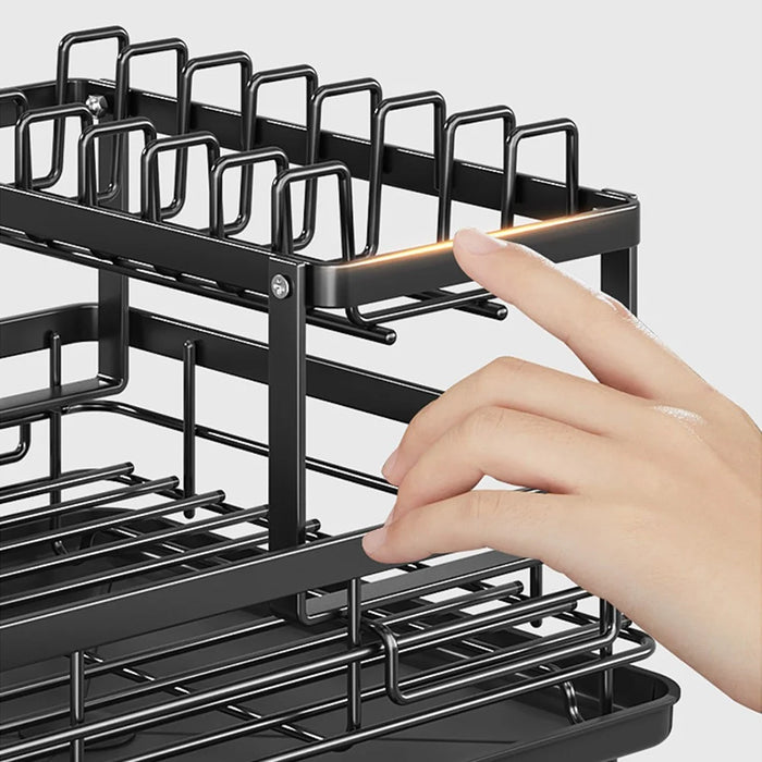 2 Tier Carbon Steel Dish Drying Rack Kitchen Plates Organizer with Drainboard Cutting Board Rack Cutlery Holder - Black - 5