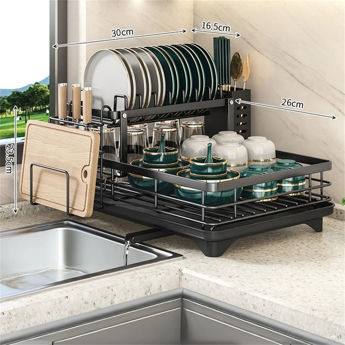 2 Tier Carbon Steel Dish Drying Rack Kitchen Plates Organizer with Drainboard Cutting Board Rack Cutlery Holder - Black - 6