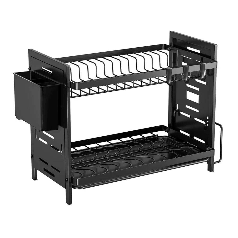 Double Layer Dish Drying Rack Iron Kitchen Countertop Drainer Organizer Shelf with Cutlery Holder - Black - 1